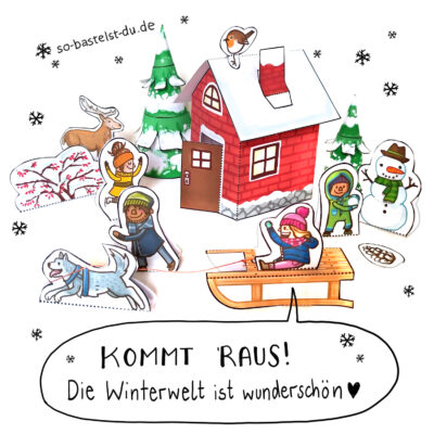 Bastelbogen Winter Schneelandschaft Schlitten