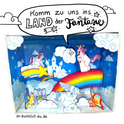 Bastelbogen für Kinder Einhorn Regenbogen Fantasie im Schuhkart