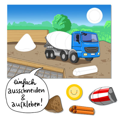 Erstes Basteln: Aufklebebild Baustelle (Bilder vervollständigen)