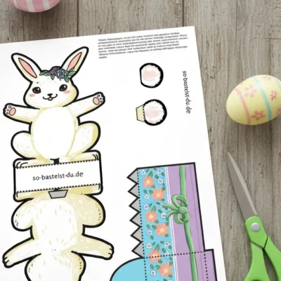 Bastelbogen: Osterhase mit Osterkorb (blumig pastellig)