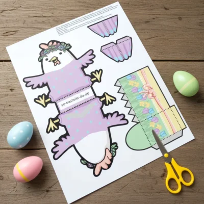 Bastelbogen: Osterhuhn mit Osterkorb (blumig-pastellig)