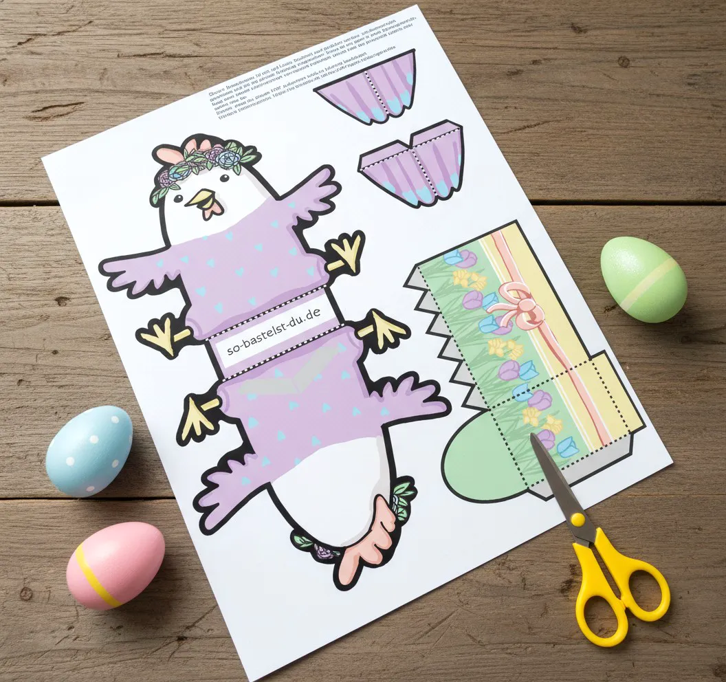 Bastelbogen: Osterhuhn mit Osterkorb (blumig-pastellig) – Bild 2