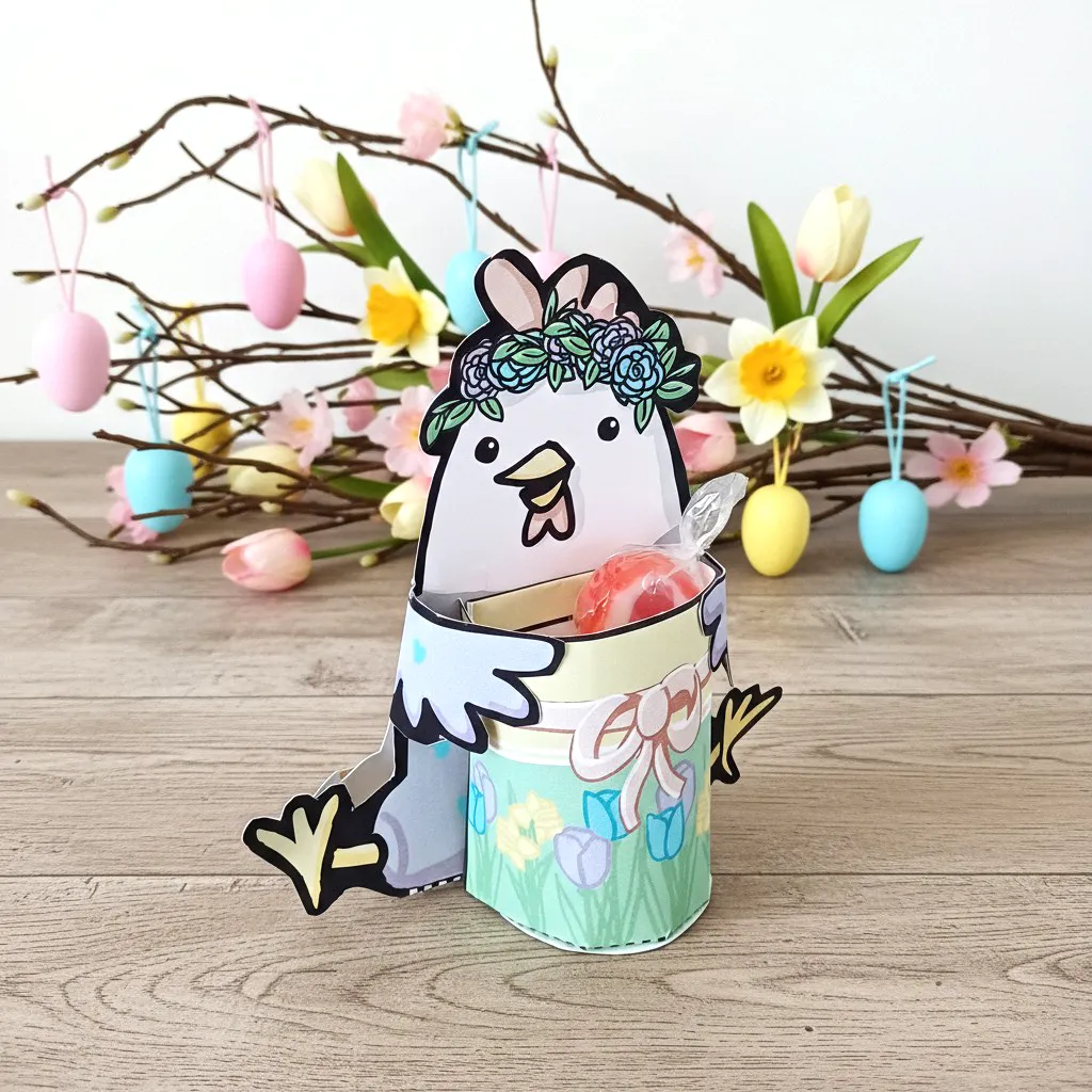 Bastelbogen: Osterhuhn mit Osterkorb (blumig-pastellig)